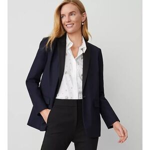 NWOT Ann Taylor The Longline Tuxedo Blazer in‎ Bi-Stretch Twill Navy 8 Workwear